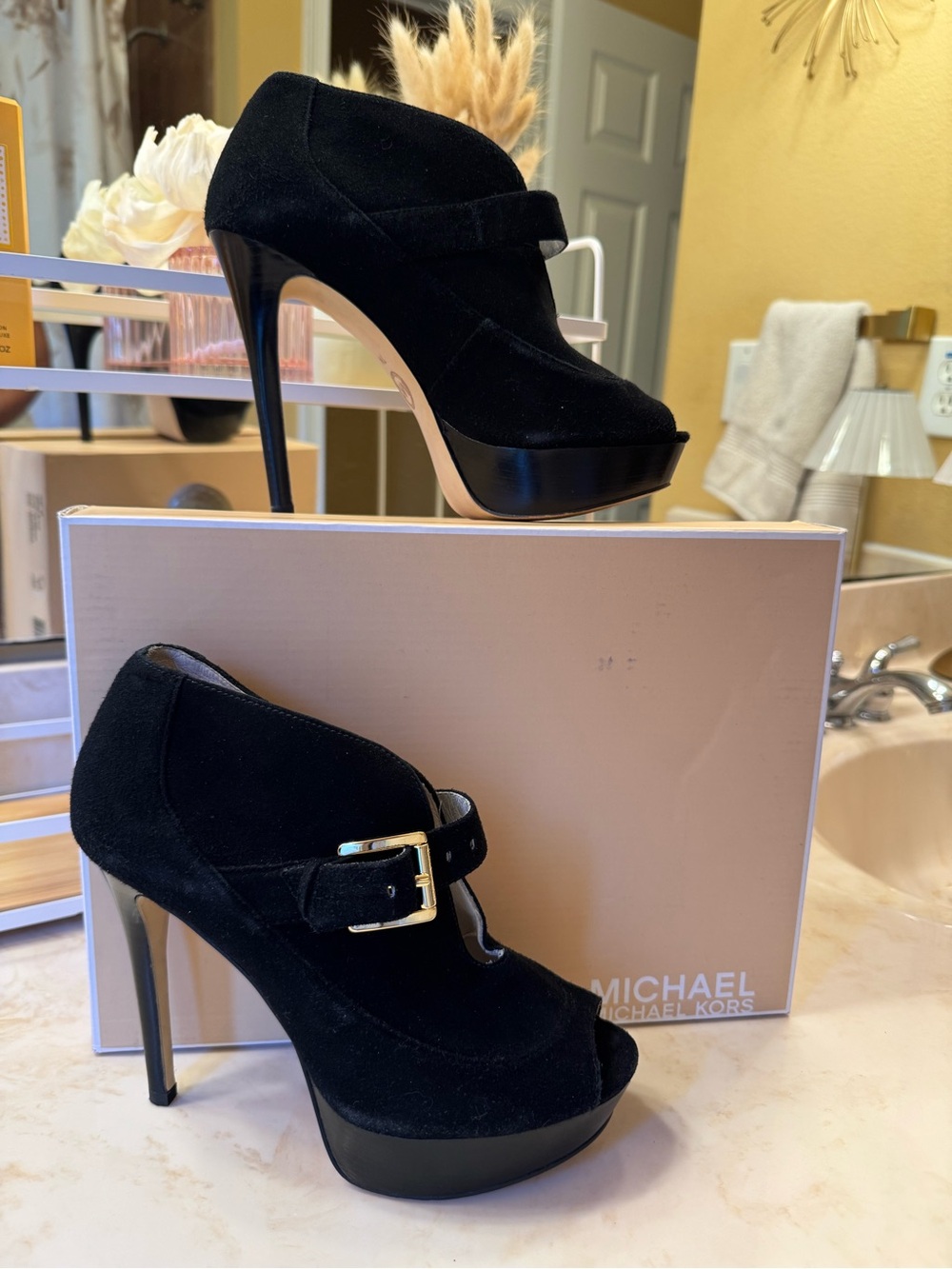 Michael Kors Suede Booties Women’s Black Peep Toe Platform Stiletto Heels